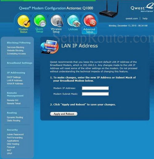 How to change the ip address of the Actiontec Q1000 Qwest