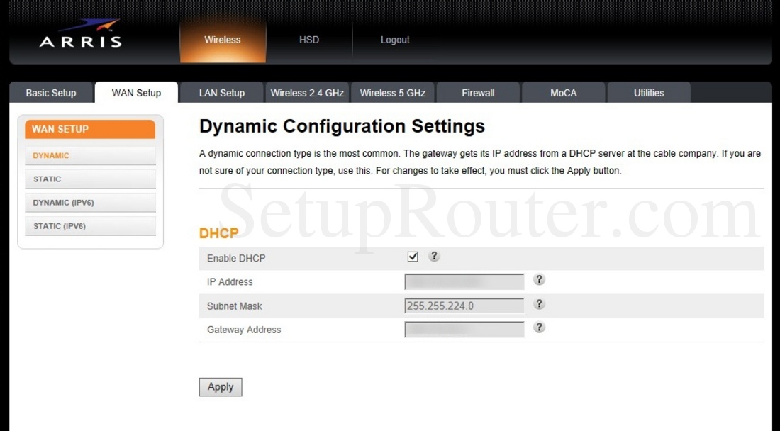 Arris TG1672G Screenshot DynamicConfigurationSettings