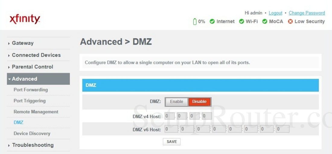 Arris TG1682G Screenshot DMZ
