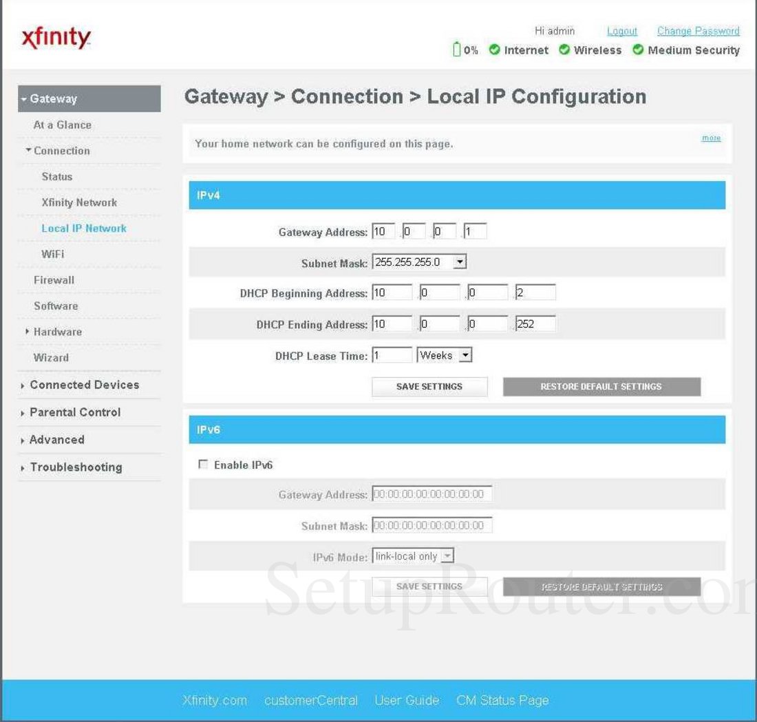 Arris TG862G-CT Screenshot Local IP Configuration