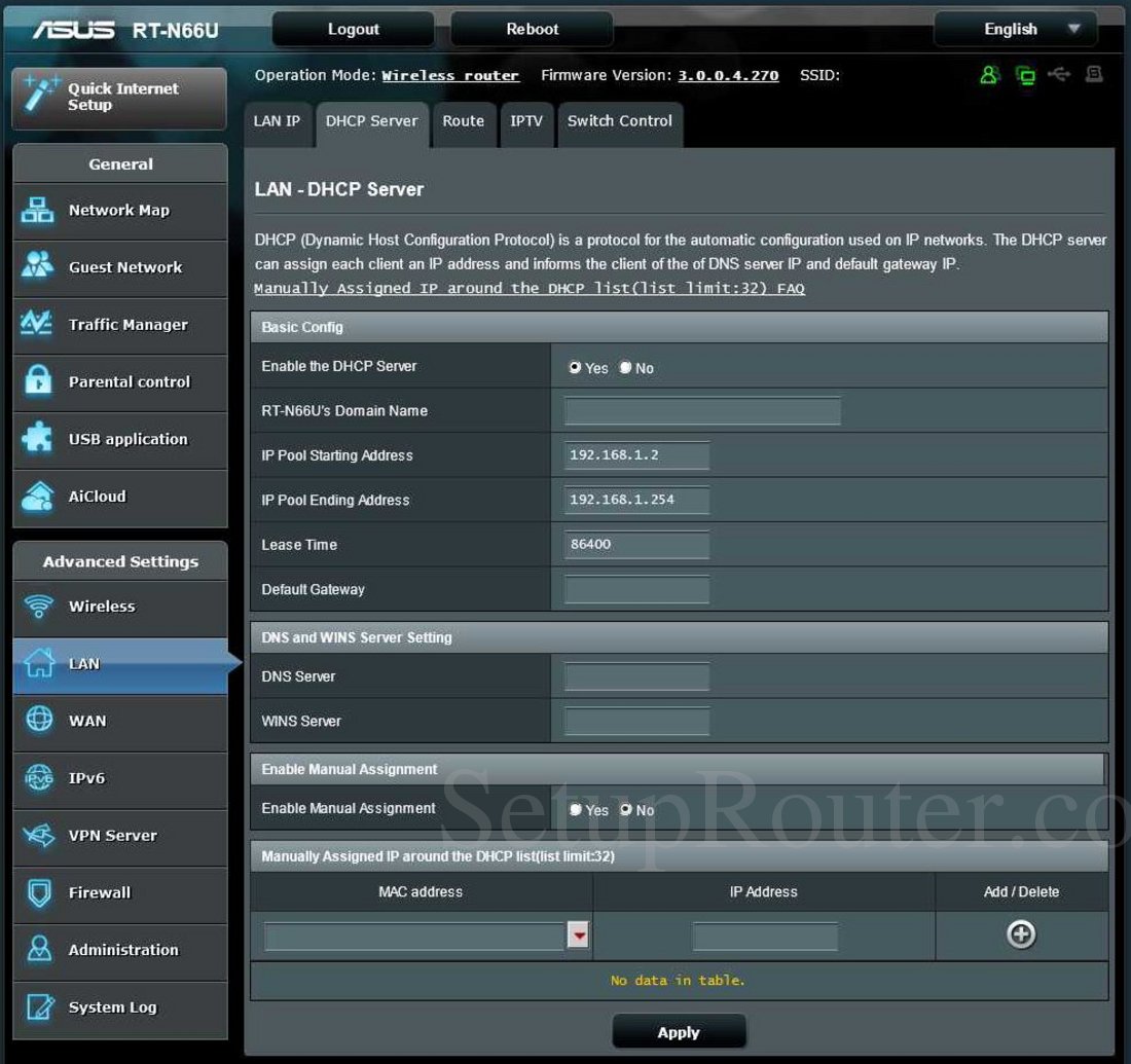 asus dhcp router n66u rt server screen