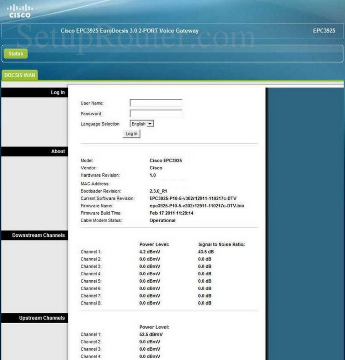 Cisco EPC3925 Screenshot Login
