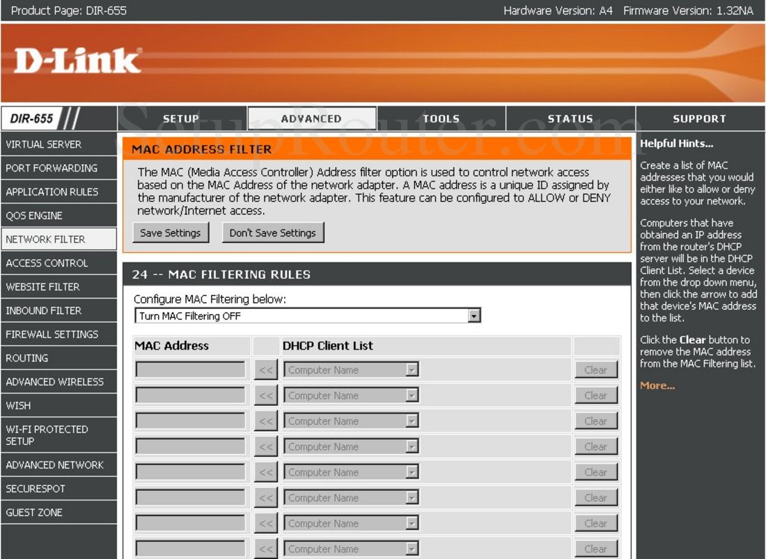 Dlink DIR-655 Screenshot Network Filter