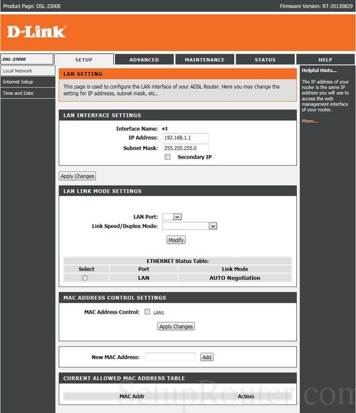 How to change the ip address of the Dlink DSL2500E