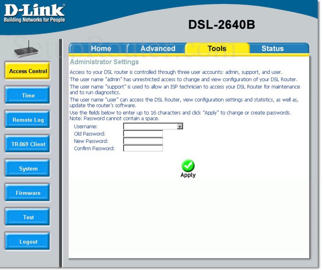 Dlink DSL2640B Screenshot Access Control Admin