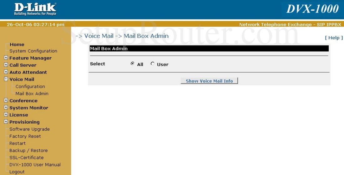 Dlink DVX-1000 Screenshot Voice Mail - Mail Box Admin