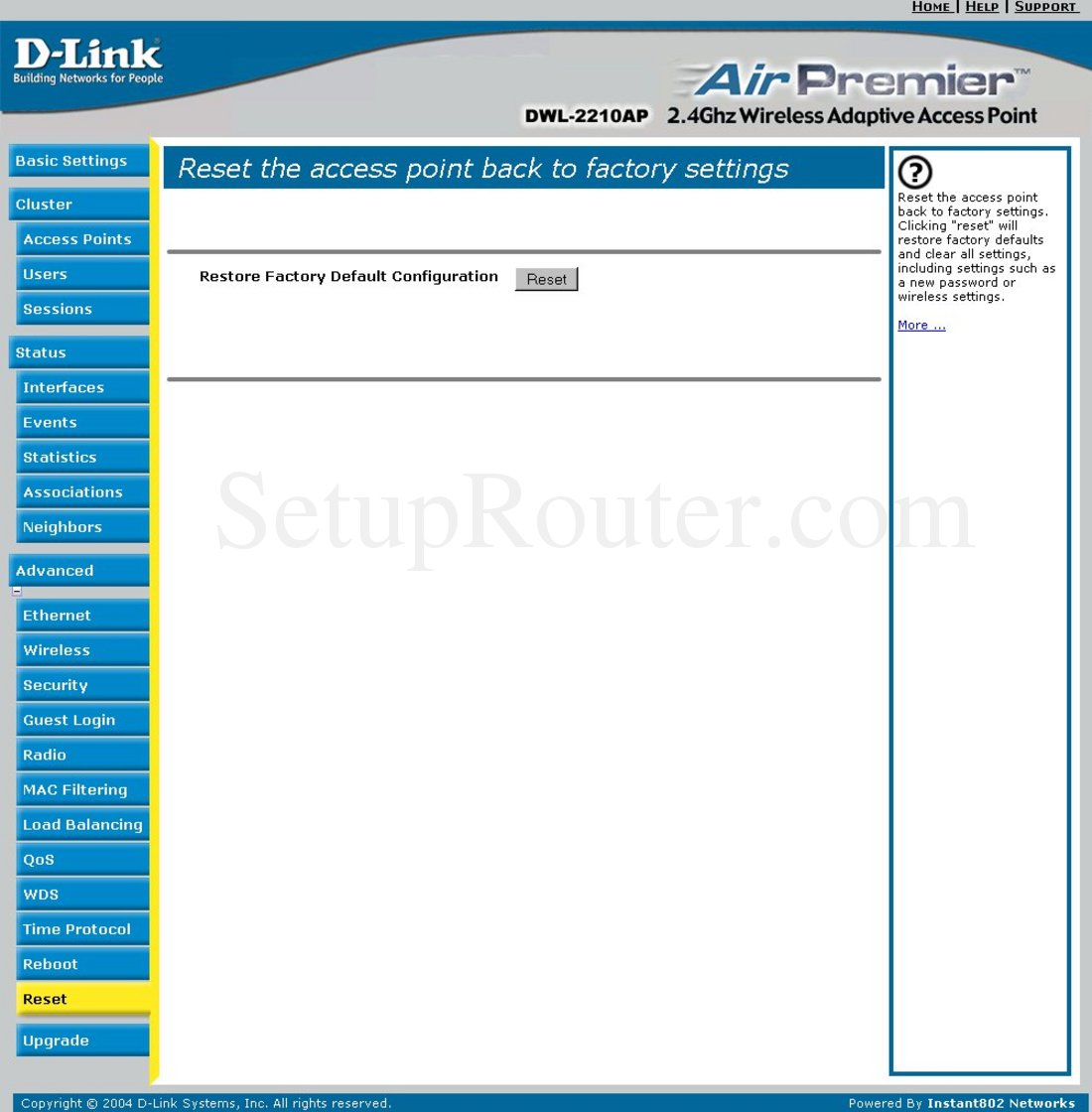 Keywords on The Dlink DWL-2210AP Advanced - Reset Screenshot