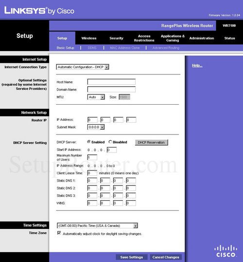 Linksys WRT100 Home Screen