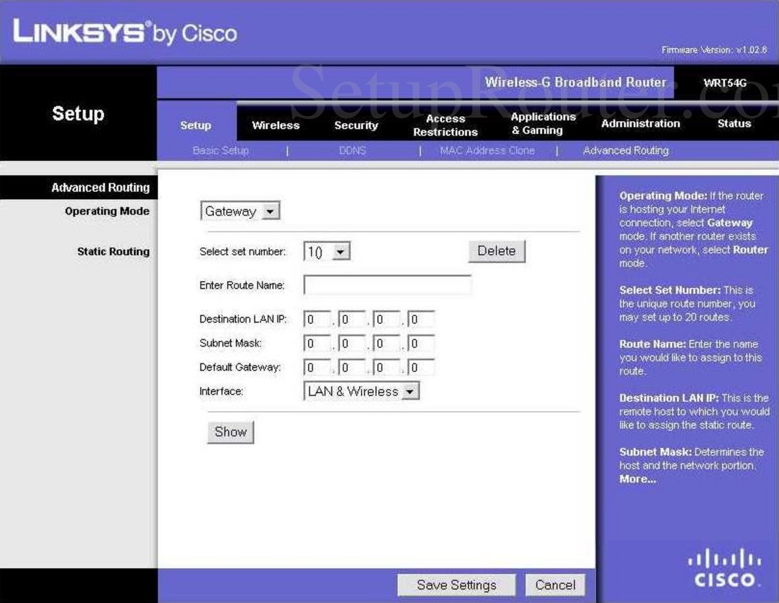 Linksys WRT54G Screenshot Advanced Routing