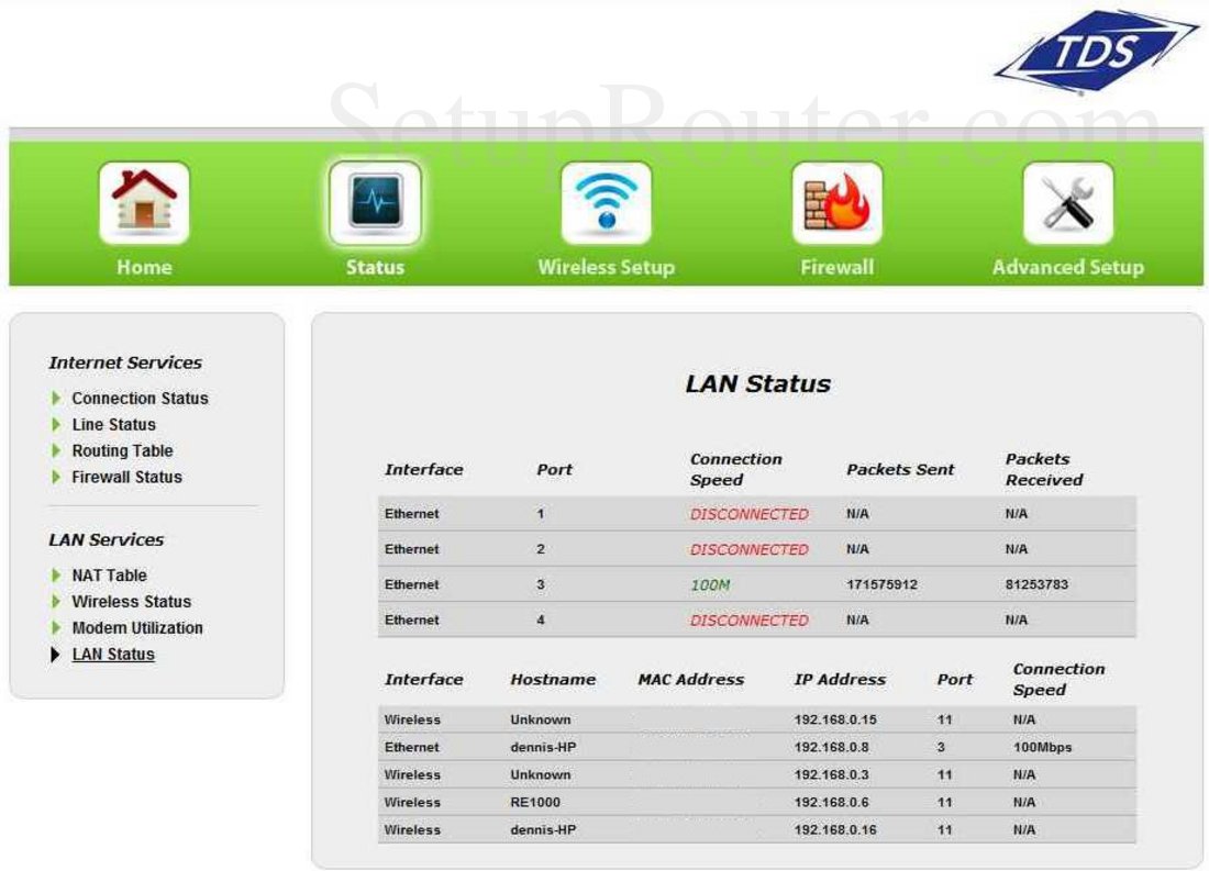 TDS GT784WN Screenshot LAN Status