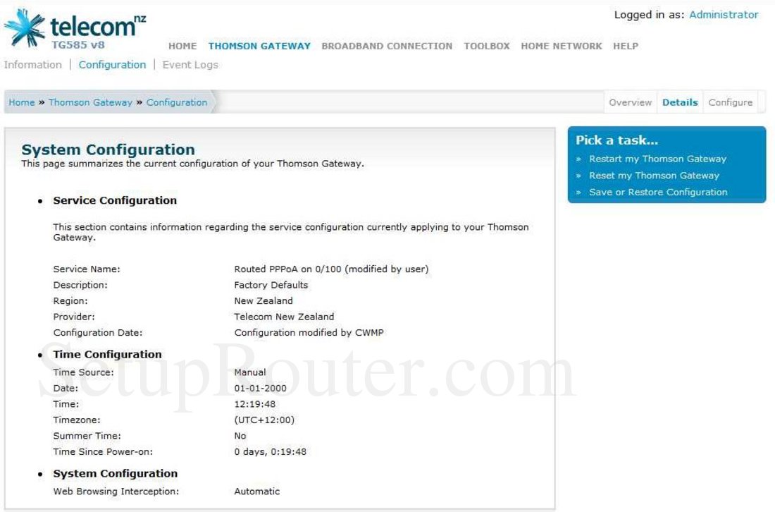 Keywords on The Thomson TG585v8 Telecom SystemConfigurationDetails Screenshot