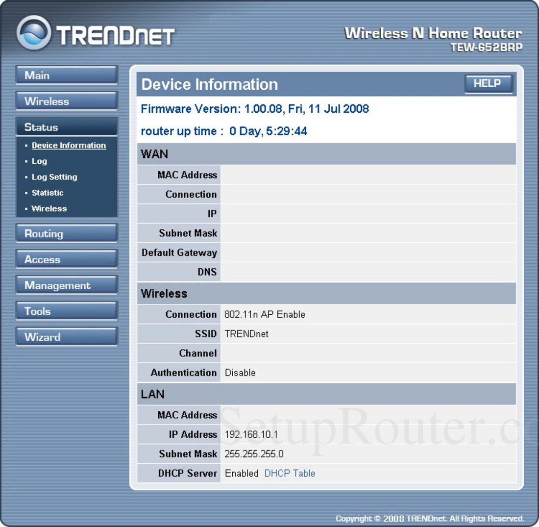 TRENDnet TEW-652BRP Screenshot Device Information
