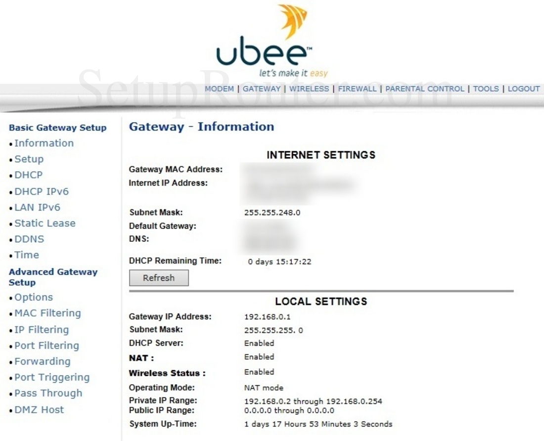 Ubee DVW3201B Screenshot Gateway Information
