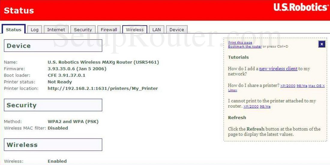 us robotics usr5461 screenshot status