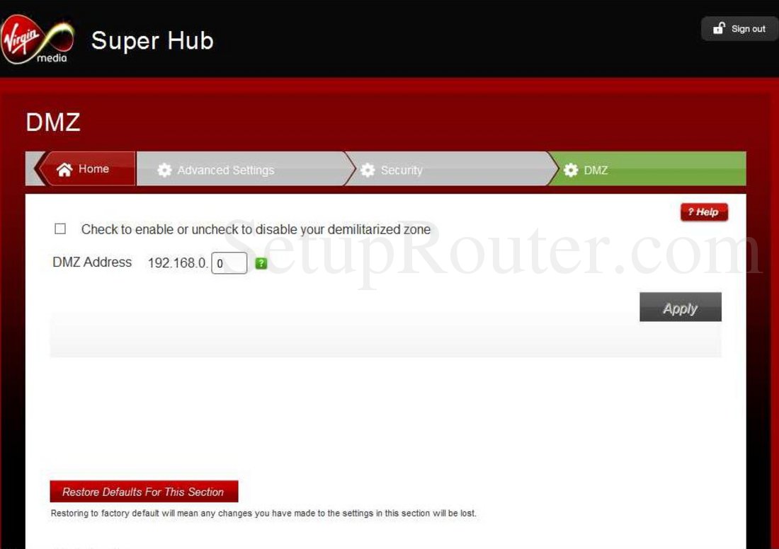VirginMedia SuperHub2 Screenshot DMZ