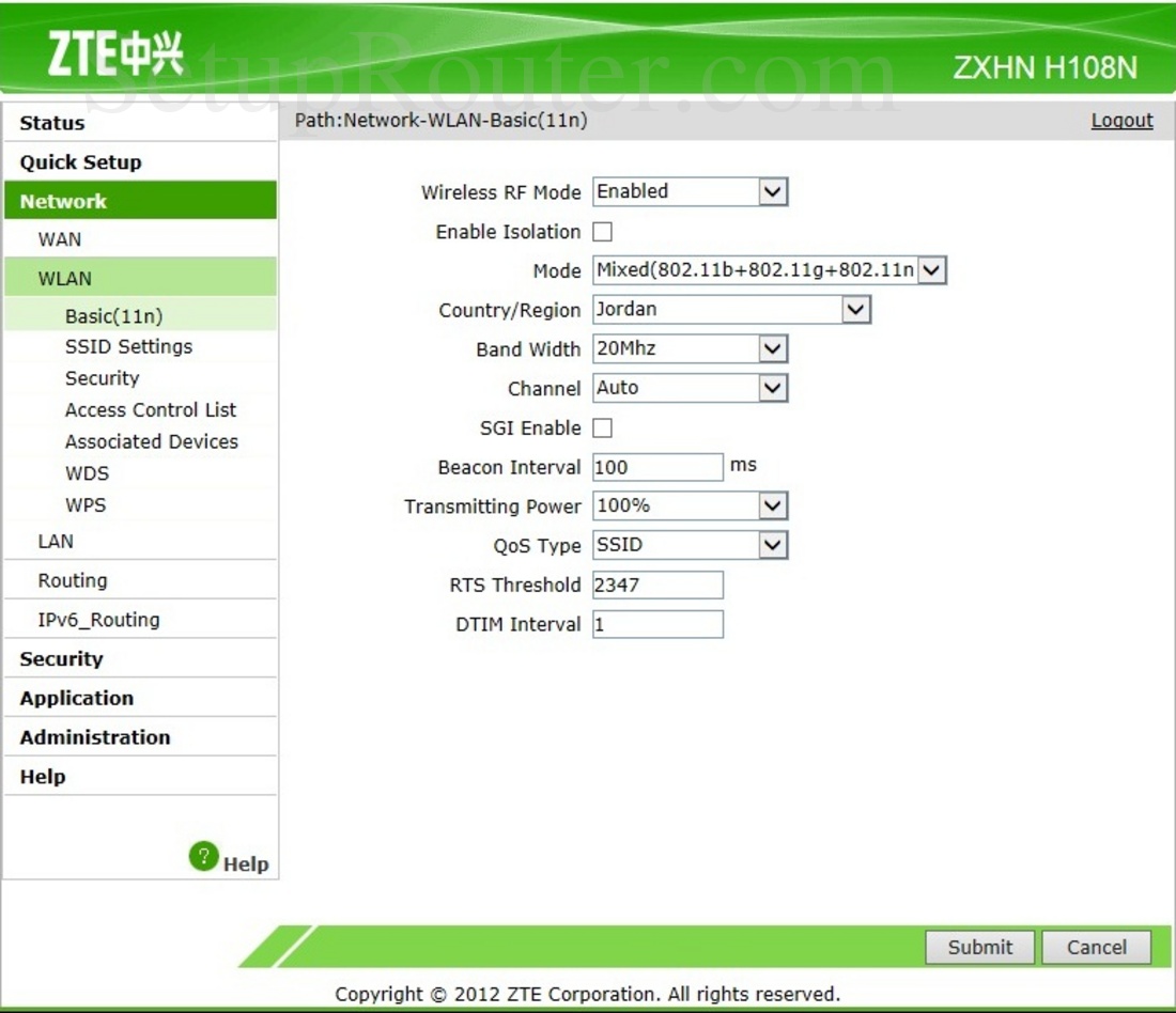 ZTE ZXHN H108N Screenshot WLANBasic11n