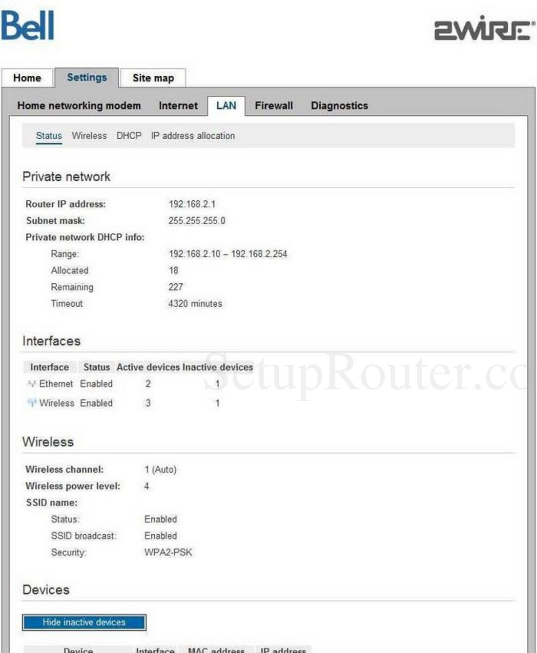 2Wire 2701HGG Screenshot LAN Status