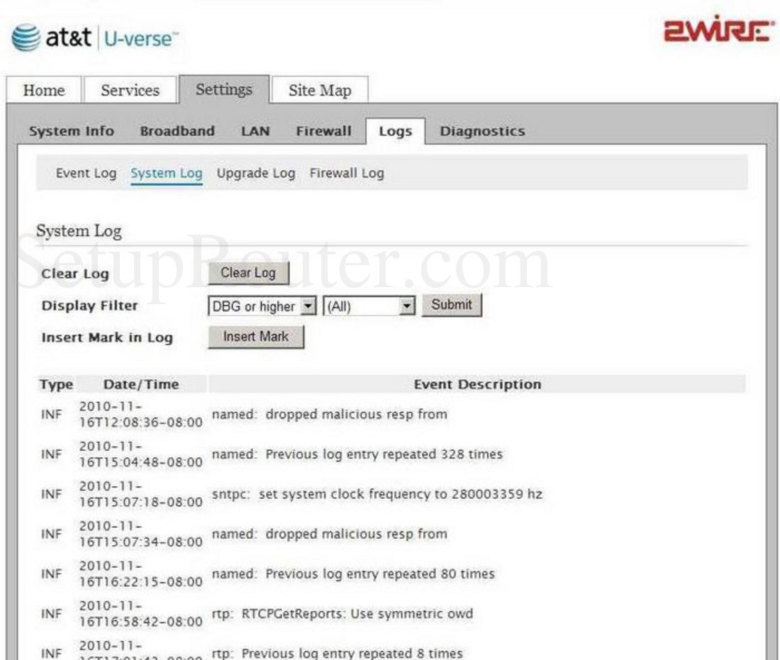 2Wire 3800HGV-B Screenshot System Log