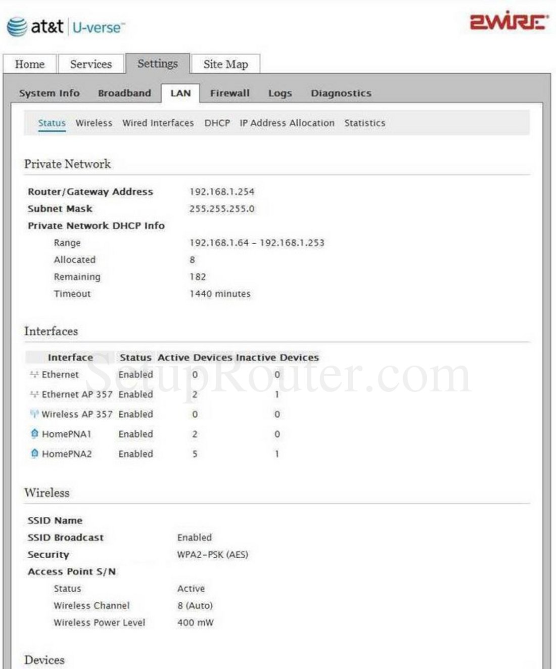 2Wire i3812V Screenshot LAN Status