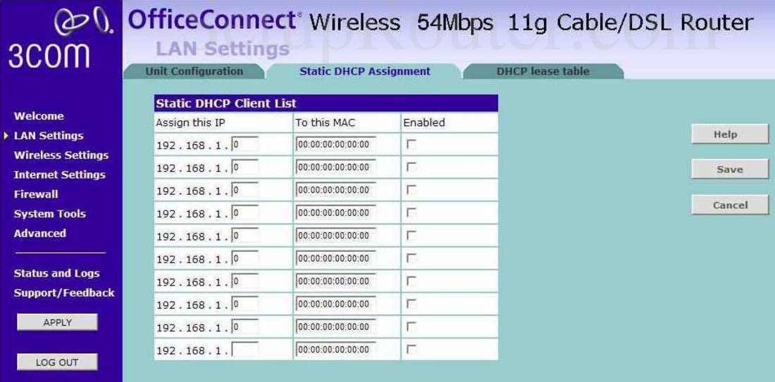 3Com 3CRWER100 75 Screenshot LAN Settings Static DHCP Client List
