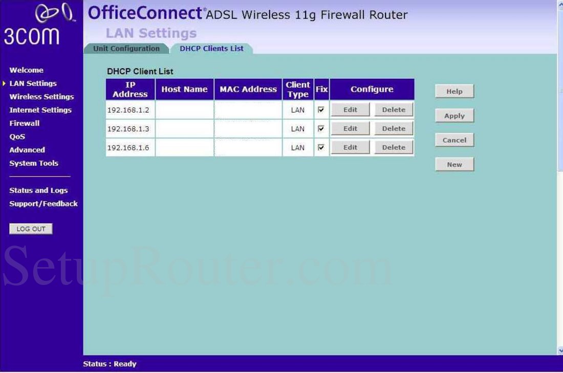 3Com WL522 Screenshot DHCP Clients List
