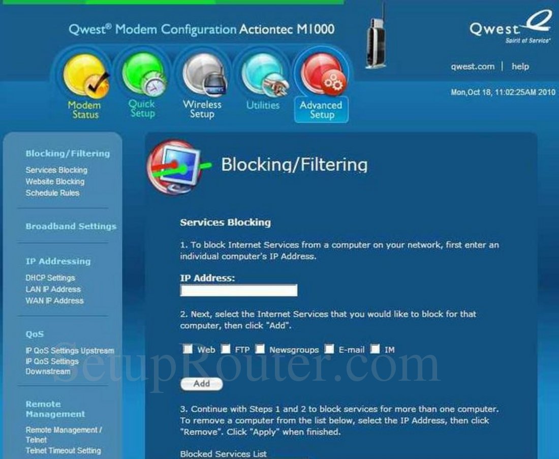 Actiontec M1000 Qwest Screenshot Services Blocking