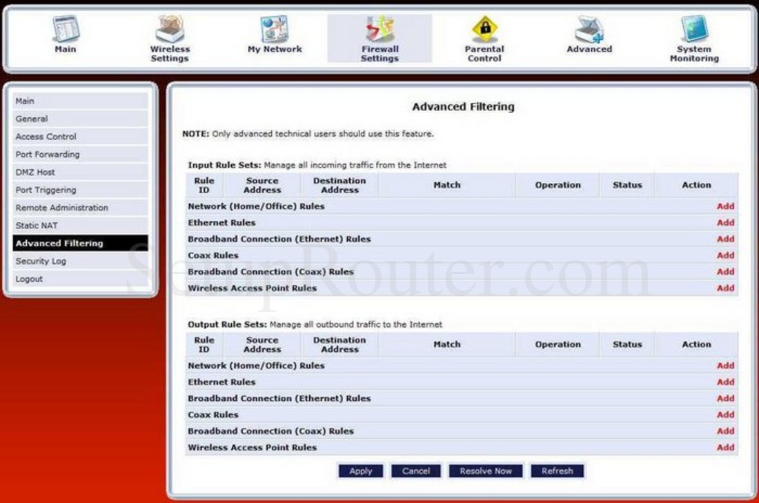 Actiontec MI424WR-GEN2-Rev-F Screenshot Advanced Filtering