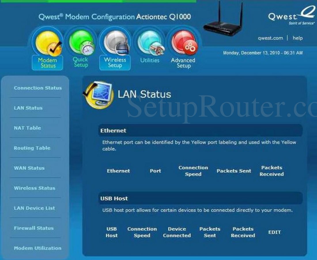 actiontec router ethernet status