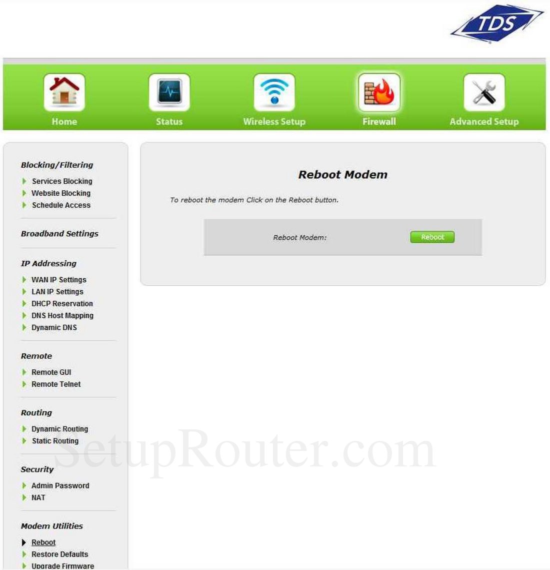 Actiontec TDSGT784WN Screenshot Reboot Modem