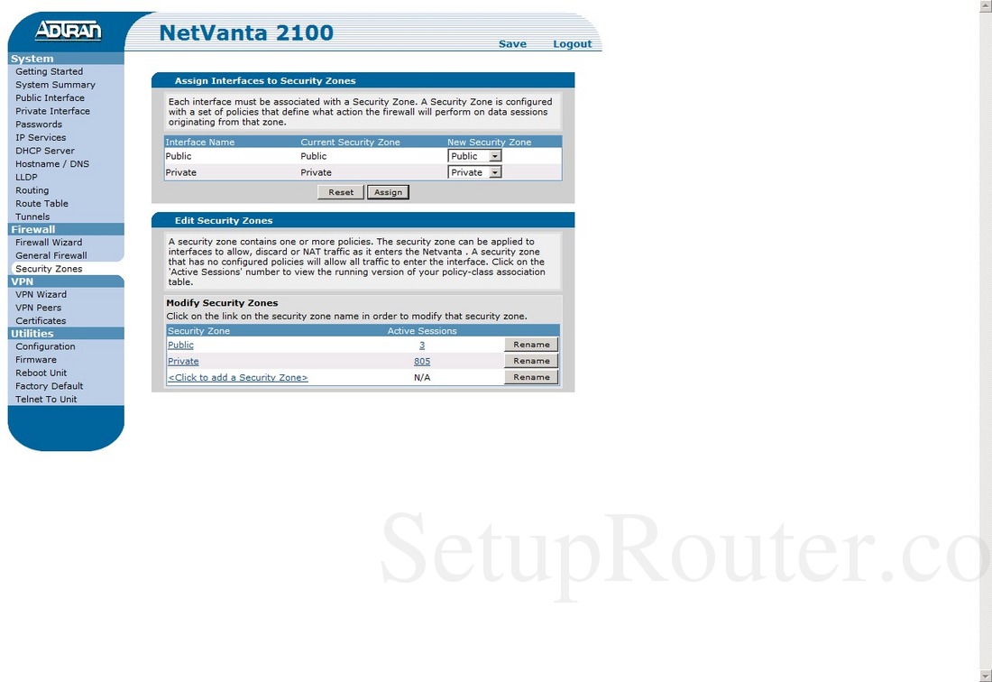 Adtran NetVanta 2100 Screenshot SecurityZones