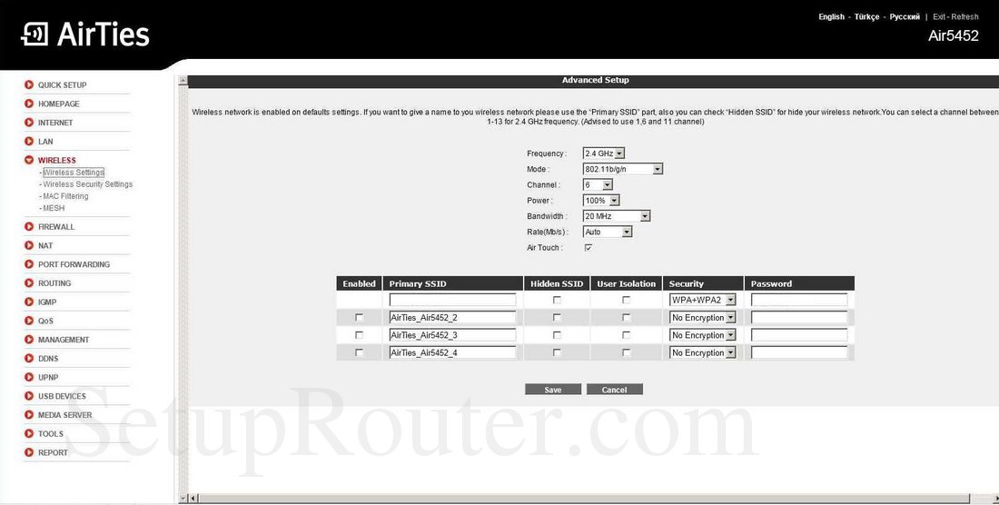 AirTies Air5452 Screenshot Wireless Settings