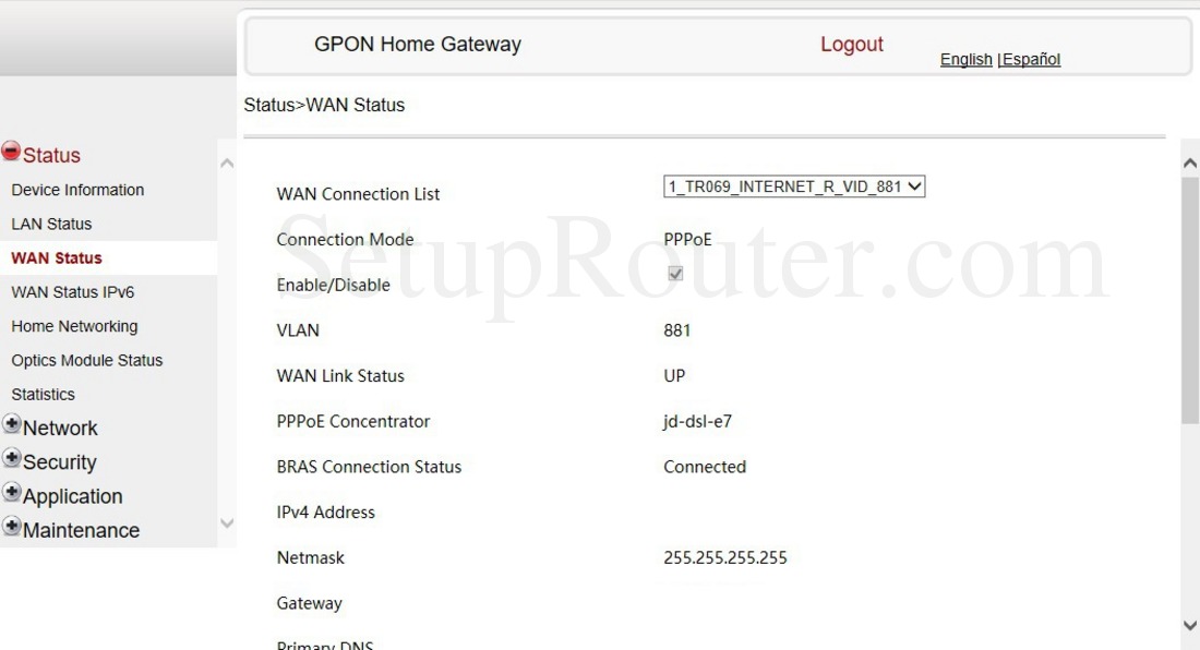 Alcatel-Lucent G-240W-B Screenshot WANStatus