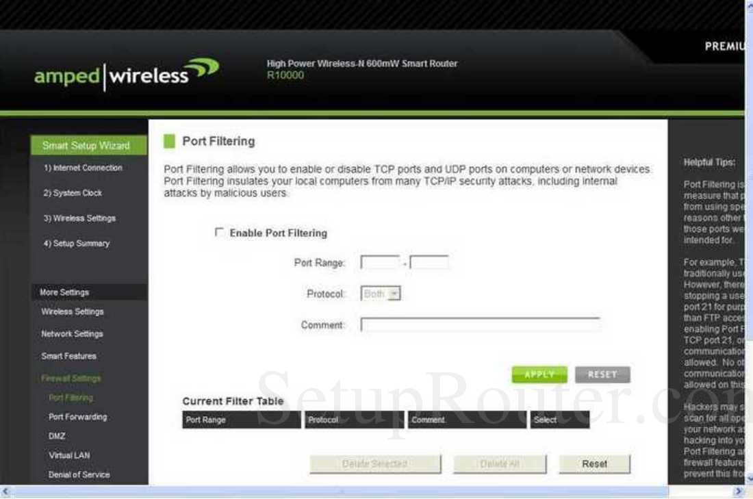 AmpedWireless R10000 Screenshot Port Filtering