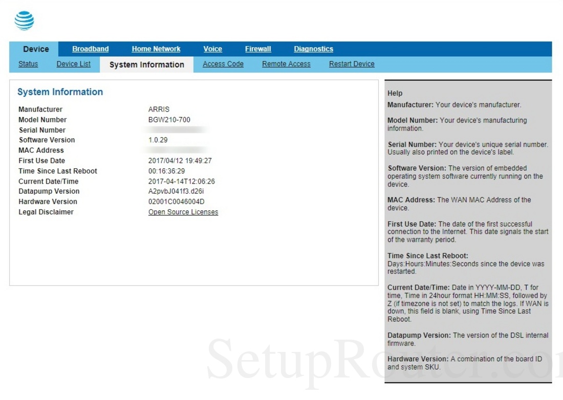 Arris BGW210-700 ATT Screenshot SystemInformation