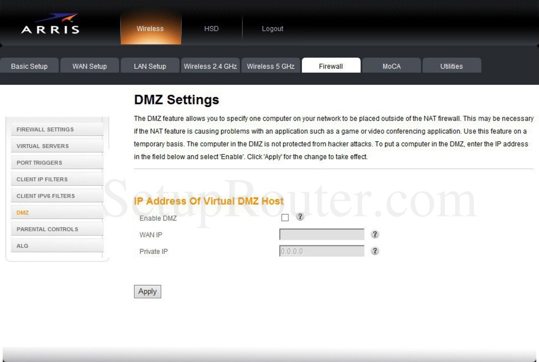 Arris DG1670 Screenshot DMZSettings