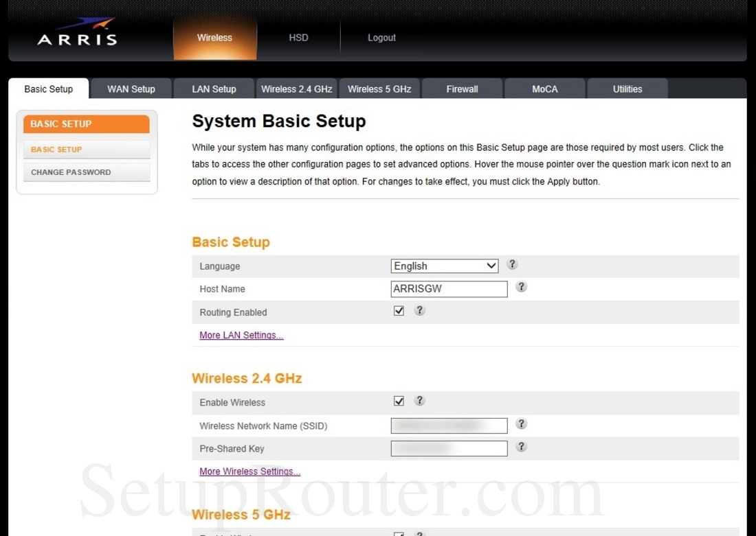 Arris DG167A Screenshot SystemBasicSetup