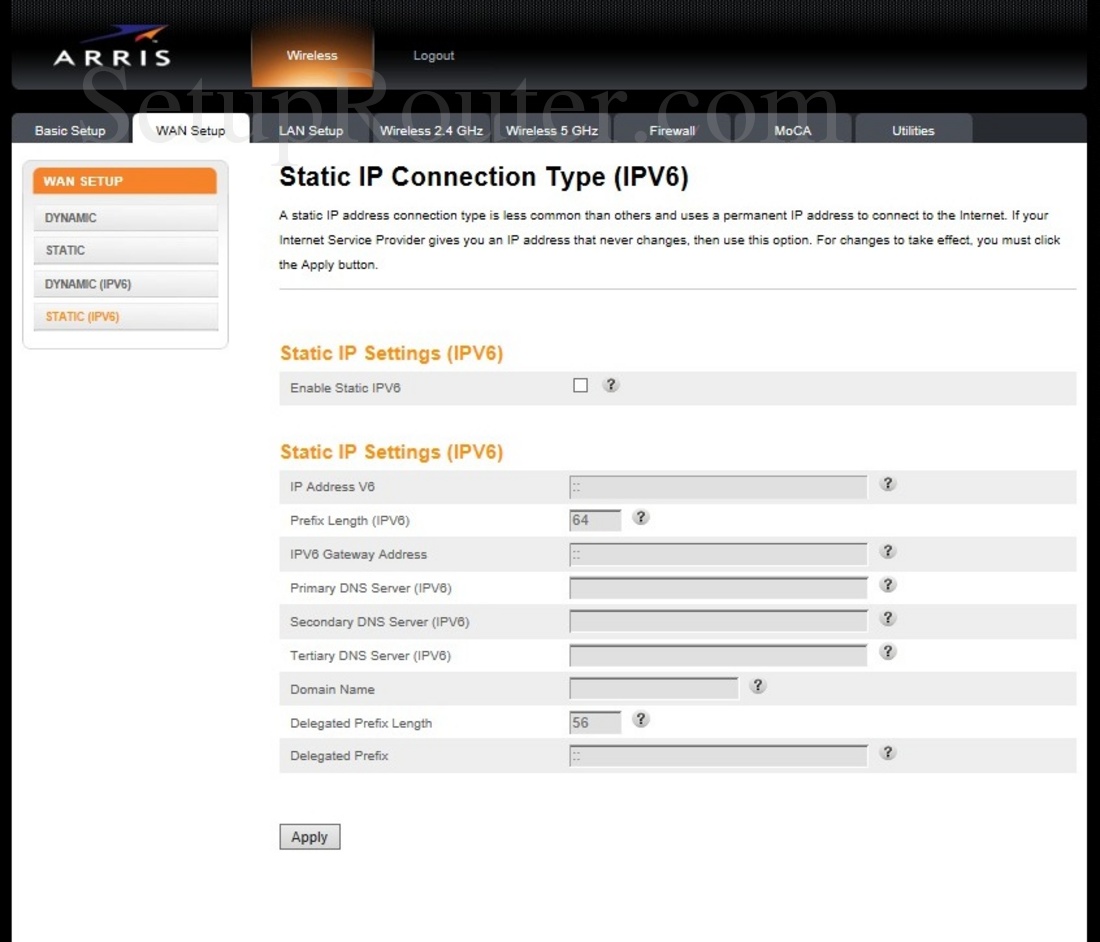 Arris DG3270 Screenshot StaticIPConfigurationTypeIPv6