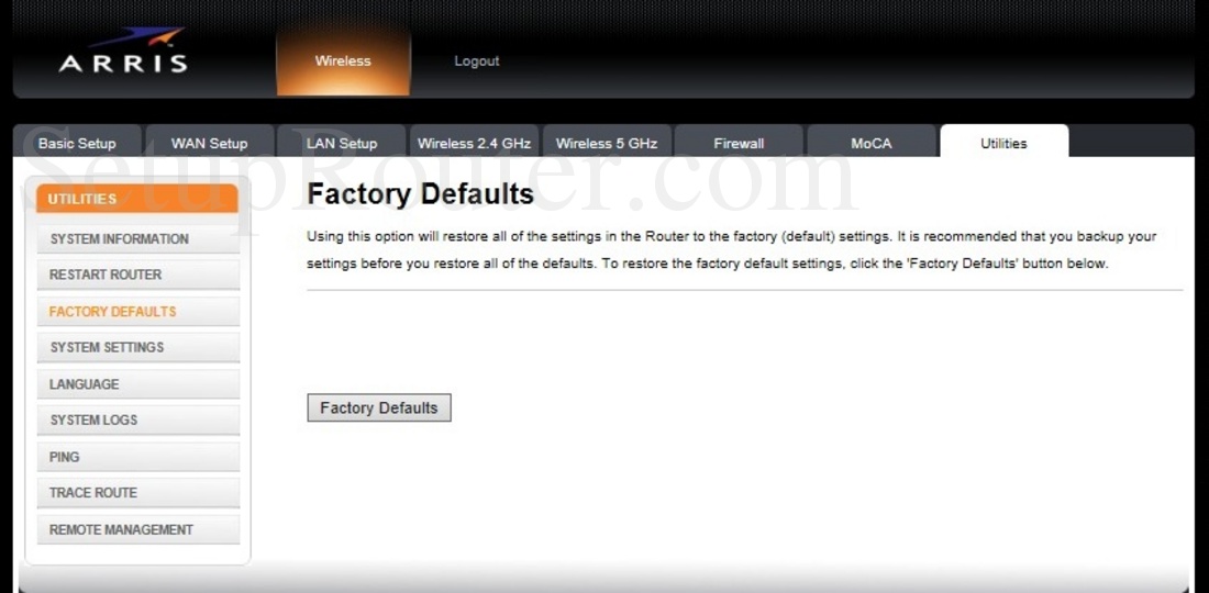 Arris DG3270 Screenshot FactoryDefaults