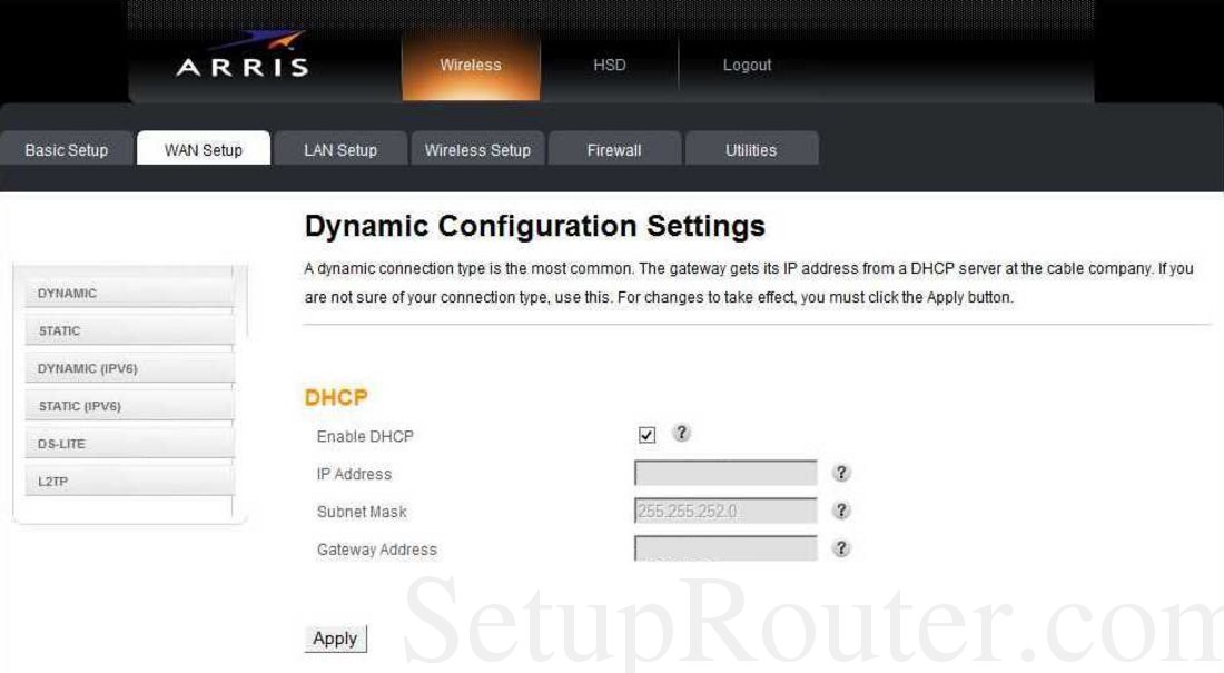 Arris DG860A Screenshot Dynamic Configuration Settings