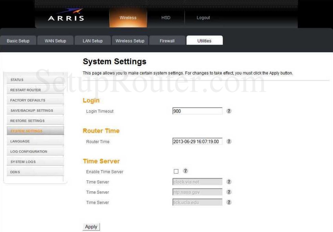 Arris DG860A Screenshot System Settings