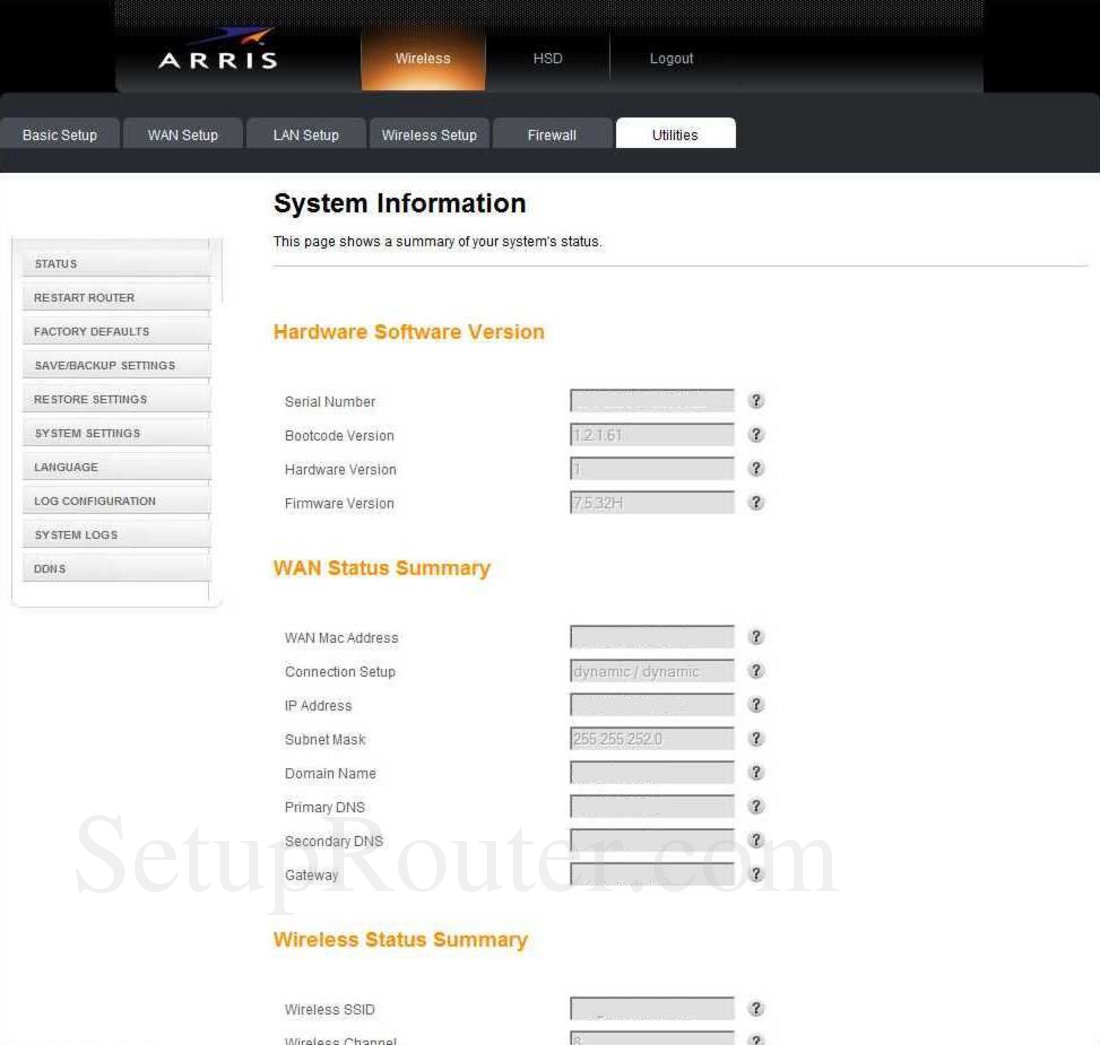 Arris DG860A Screenshot System Information
