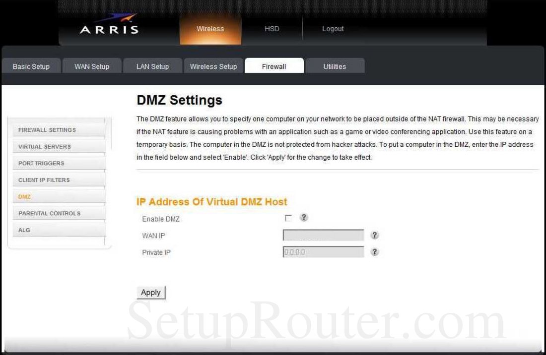 Arris DG950 Screenshot DMZ Settings
