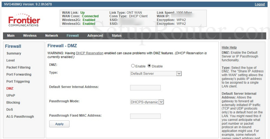 Arris NVG468MQ Screenshot DMZ