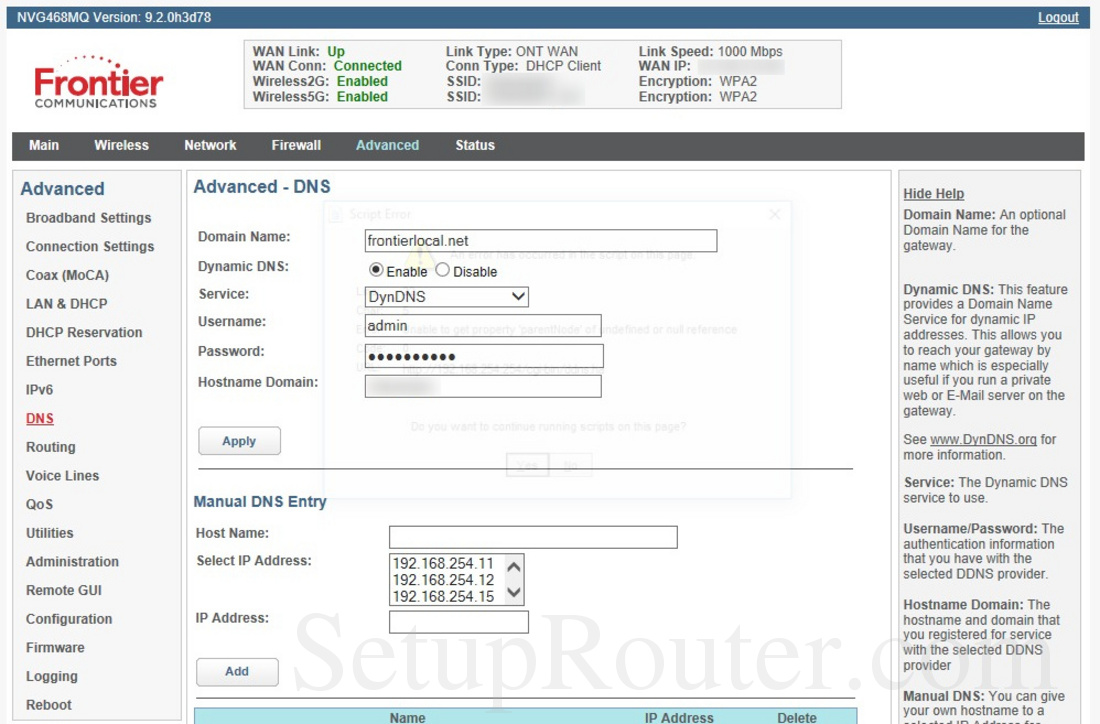 Arris NVG468MQ Screenshot DNS