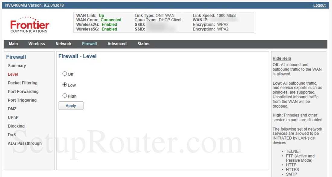 Arris NVG468MQ Screenshot FirewallLevel