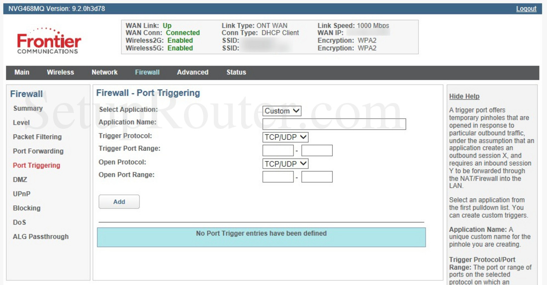 Arris NVG468MQ Screenshot PortTriggering
