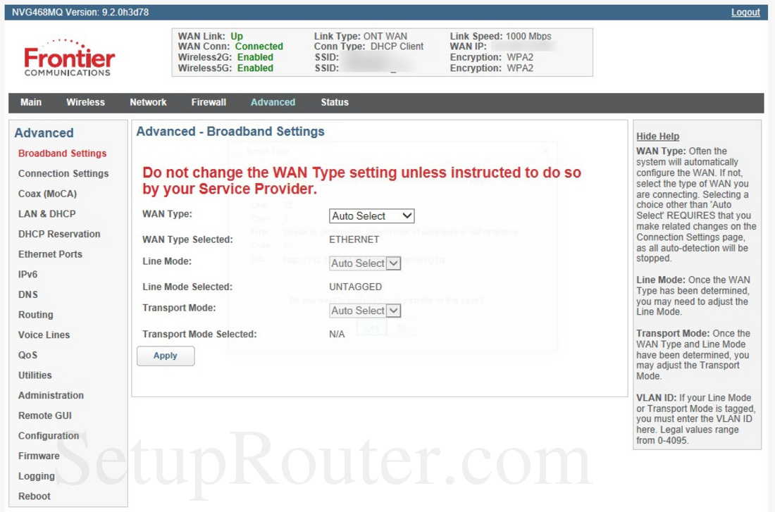 Arris NVG468MQ Screenshot BroadbandSettings