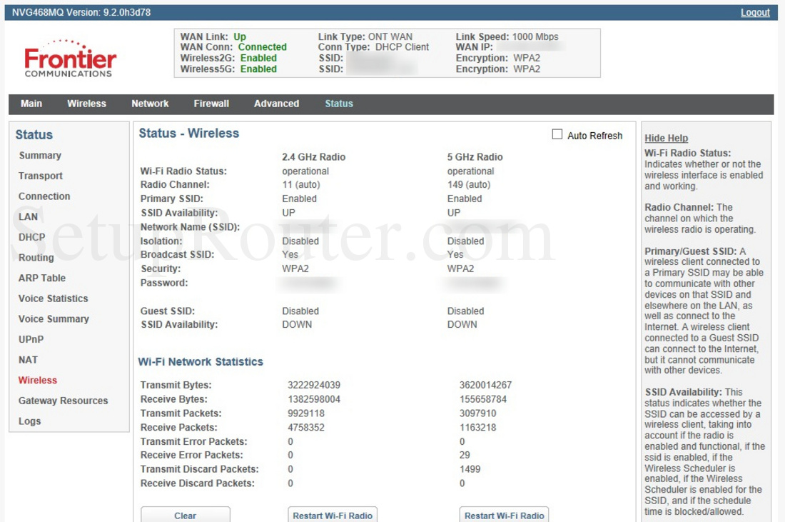 Arris NVG468MQ Screenshot WirelessStatus