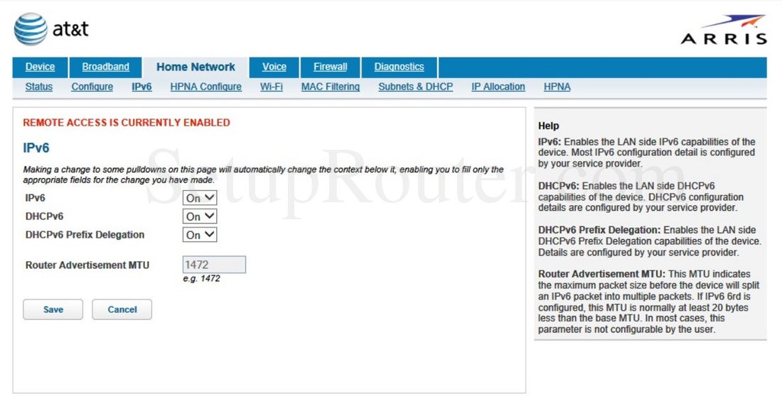 Arris NVG599 Screenshot HomeNetworkIPv6