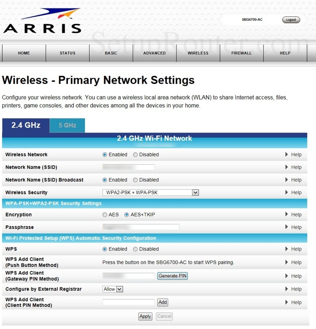 Arris SBG6700AC Screenshot Wireless2.4GHzSettings